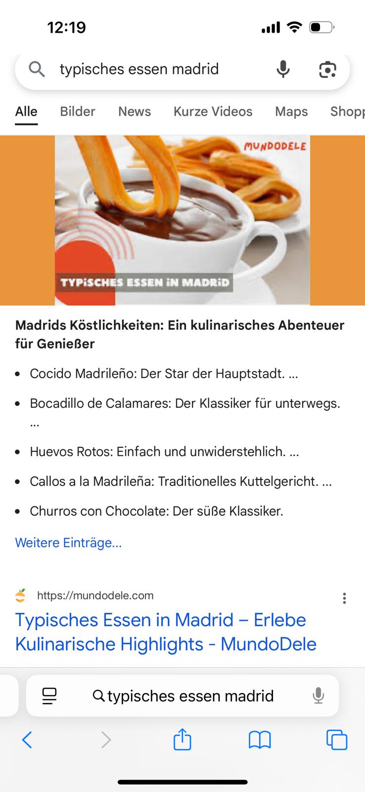 Beispiel eines semantischen Themenclusters: Typisches Essen in Madrid