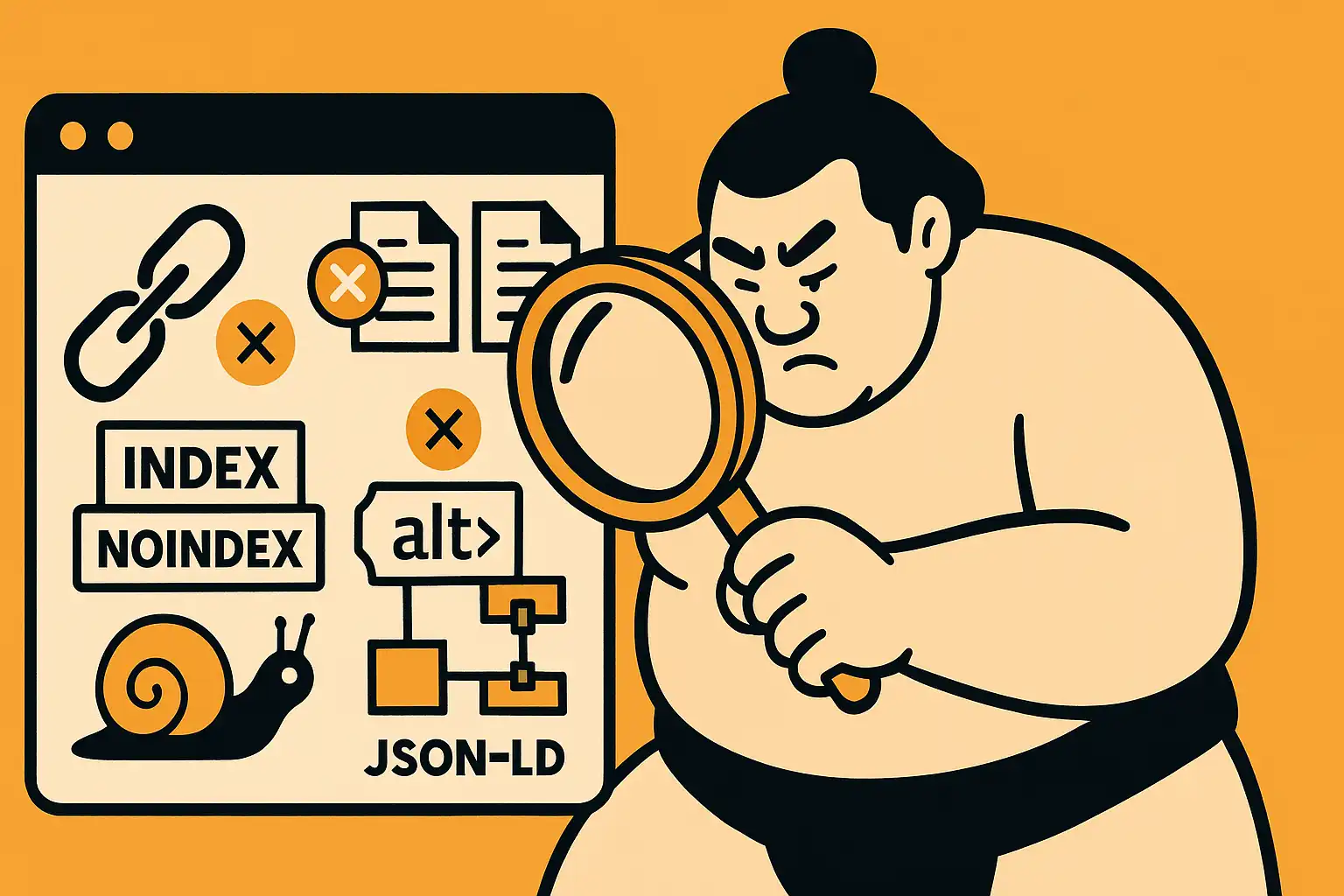 Illustration: Sumo entdeckt SEO‑Fehler mit Lupe im Ring