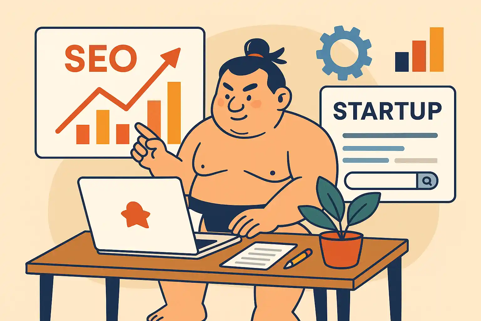 SEO für Startups – Illustration: Sumo als Gründer mit SEO-Diagrammen